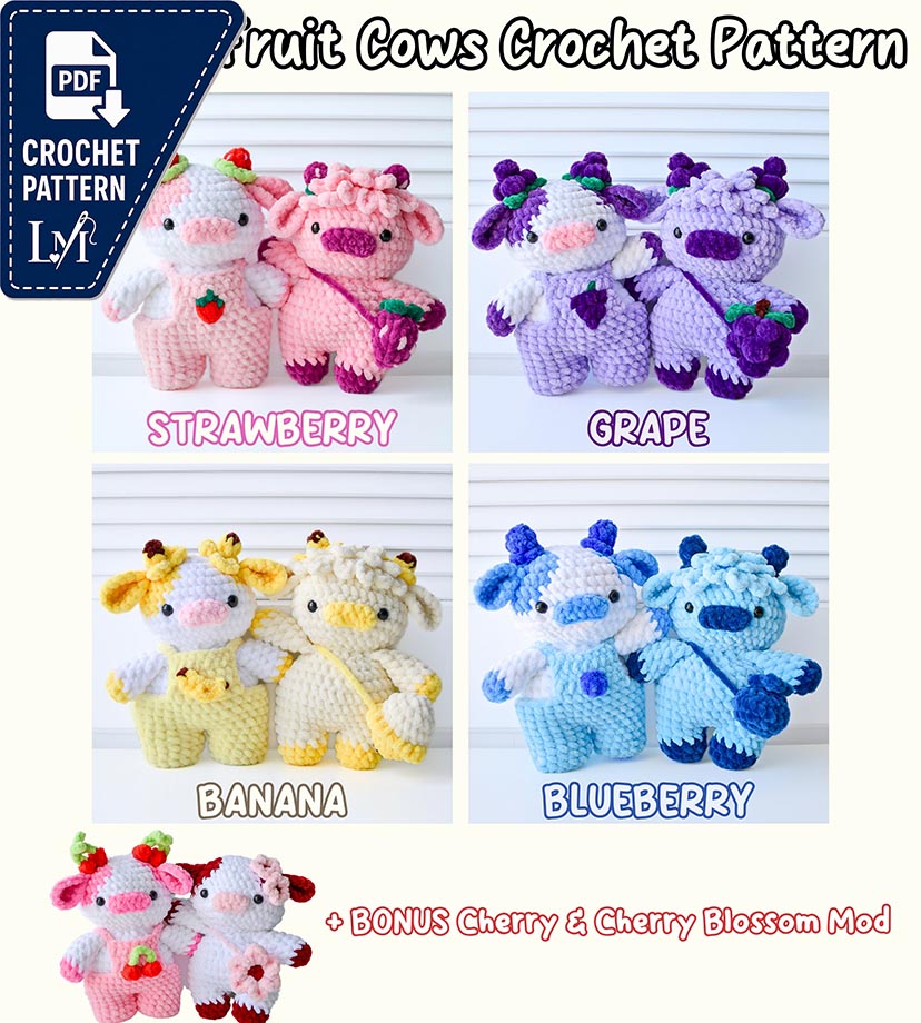10-in-1 Fruit Cows Crochet Pattern Bundle (Amigurumi Highland Cow Overall Dungaree Cow Strawberry Grape Banana Blueberry Cherry Blossom)